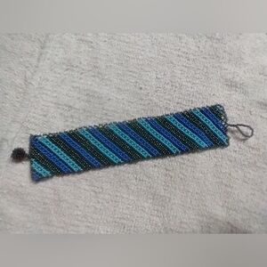 Blue grey seed bead woven bracelet stripes